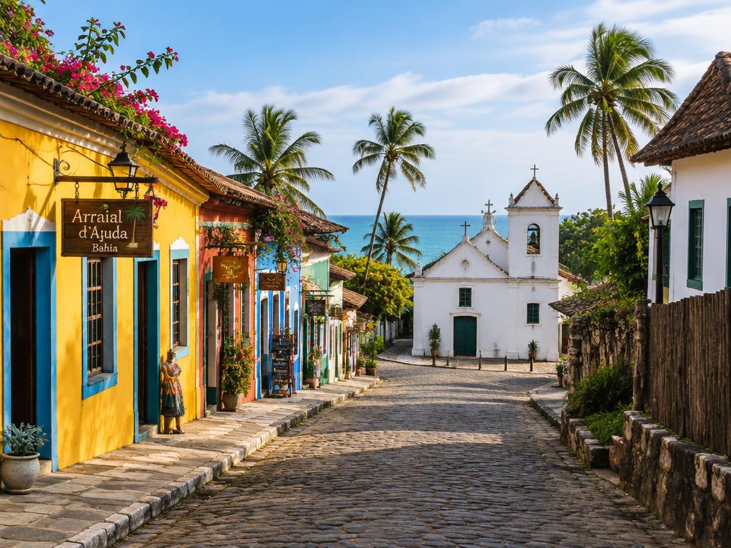 Rua colorida e igreja em Arraial d’Ajuda