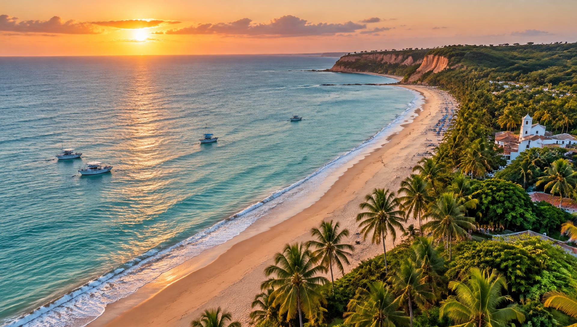 Praia de Porto Seguro com mar azul, coqueiros e pôr do sol